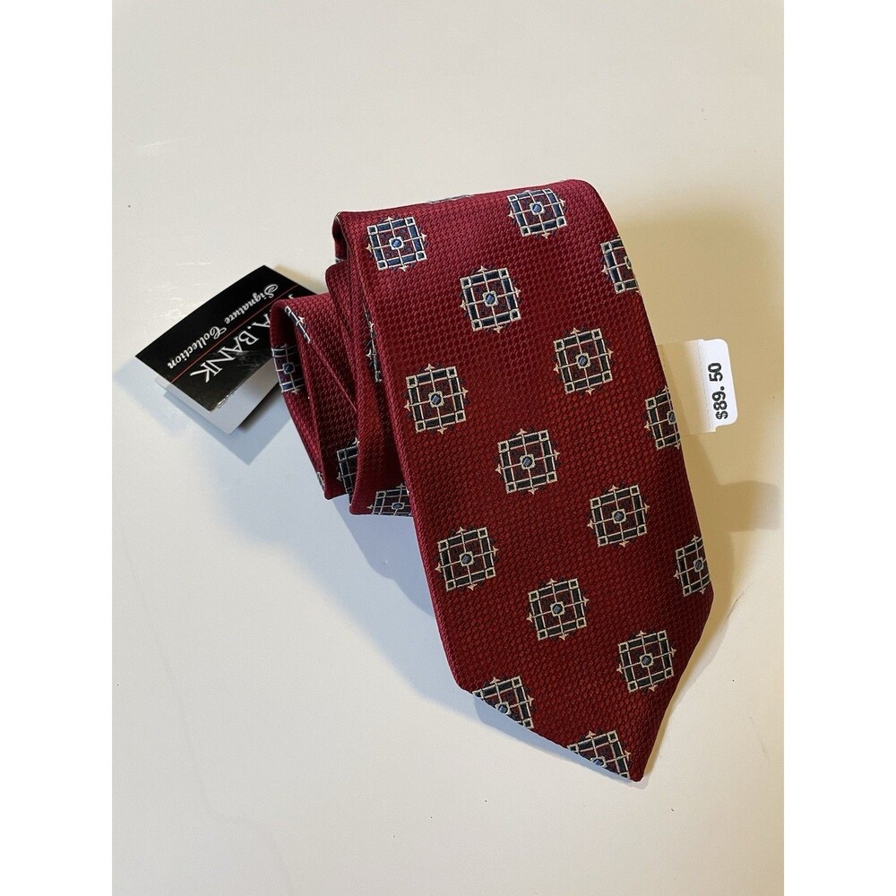 JoS. A. Bank Signature Collection Tie Silk Red Burgundy Geometric Medallion NWT